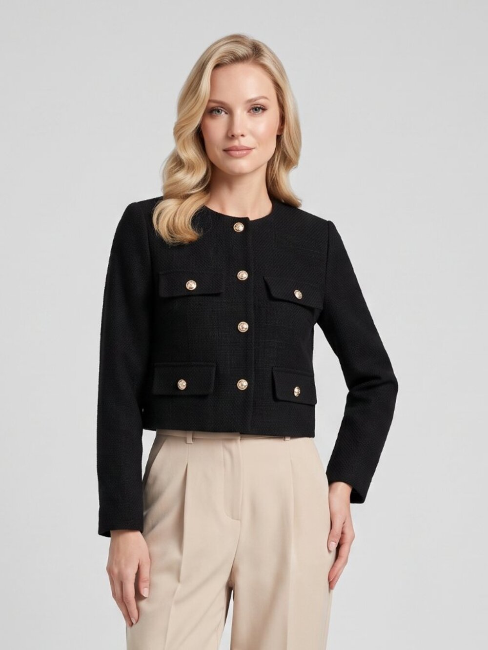 Women's Black Tweed Cropped Blazer Gold Button Pocket Dressy Office Jacket